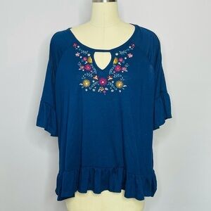 Absolutely Famous Cold Shoulder Embroidered Top- Size 2X